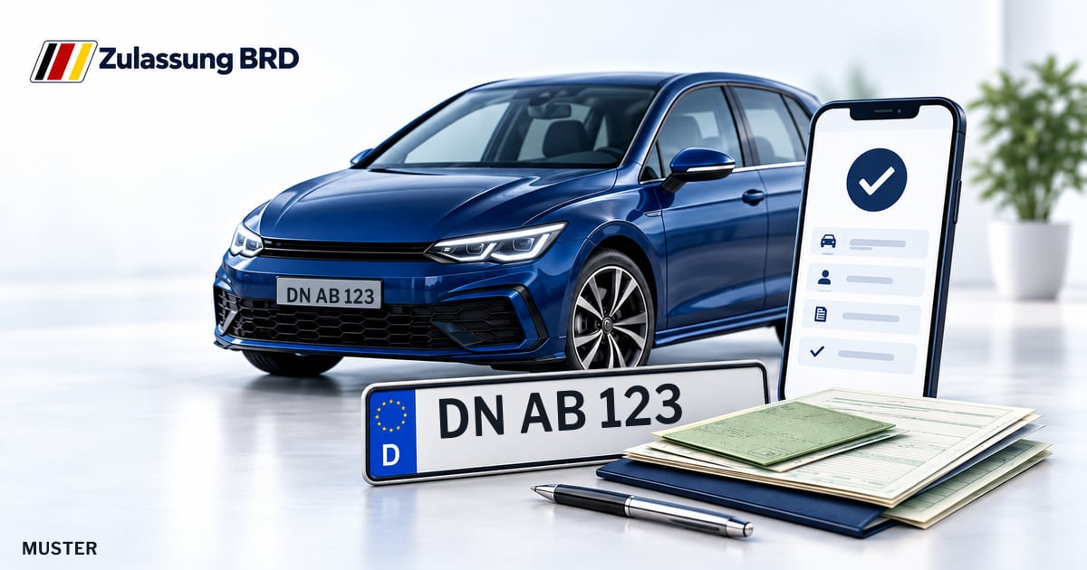 Online Fahrzeugzulassung in Niederzier: Musterkennzeichen DN AB 123, Auto und Fahrzeugpapiere und Smartphone. Illustration mit Logo von Zulassung BRD.